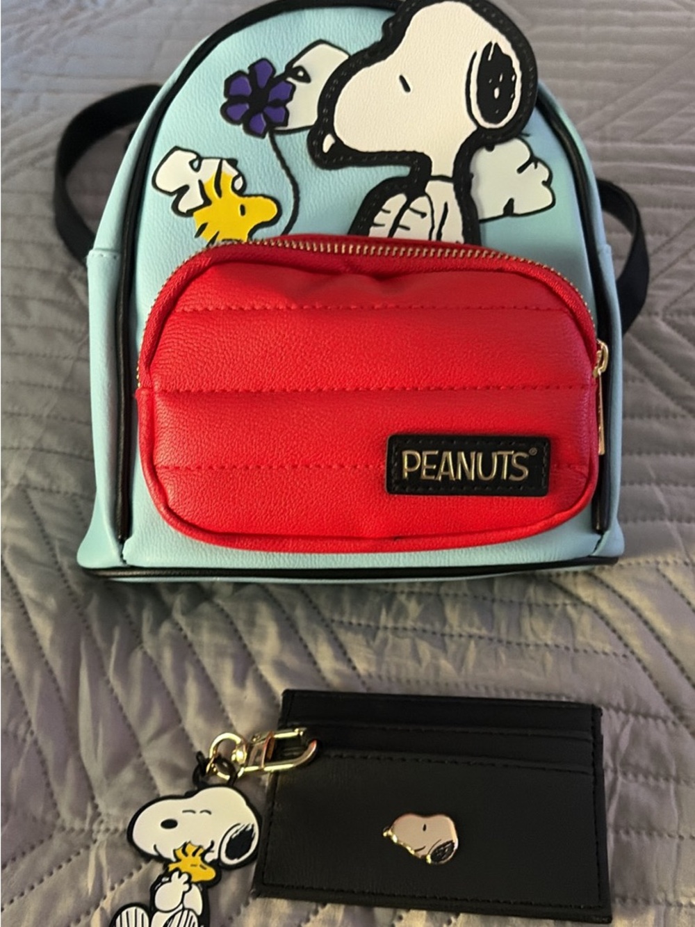 Bio World Peanuts Snoopy Light Blue & Red Mini Backpack with Black Cardholder